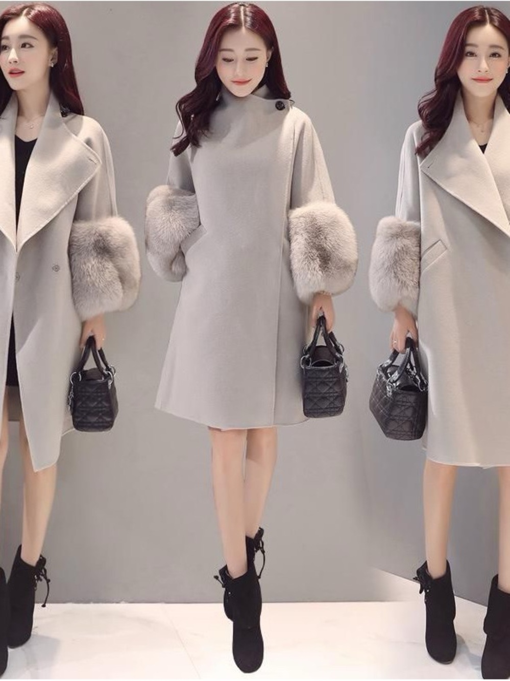 Feibisi Gray Faux Fur Cuff Coat